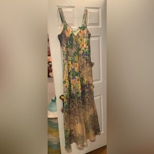 Johnny Was Cream, Peach and Purple Floral Print Maxi Dress, Size XL, Vintage.